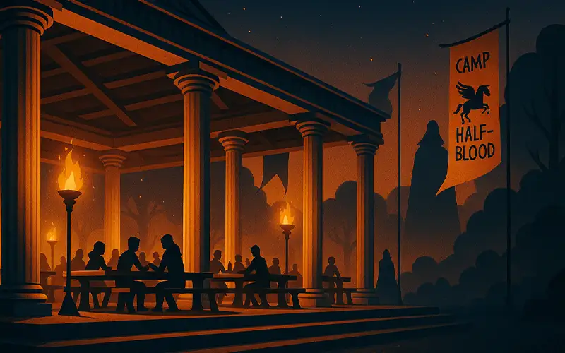 Abstract illustration of Tantalus at the Camp Half-Blood dining table, shadowy and menacing